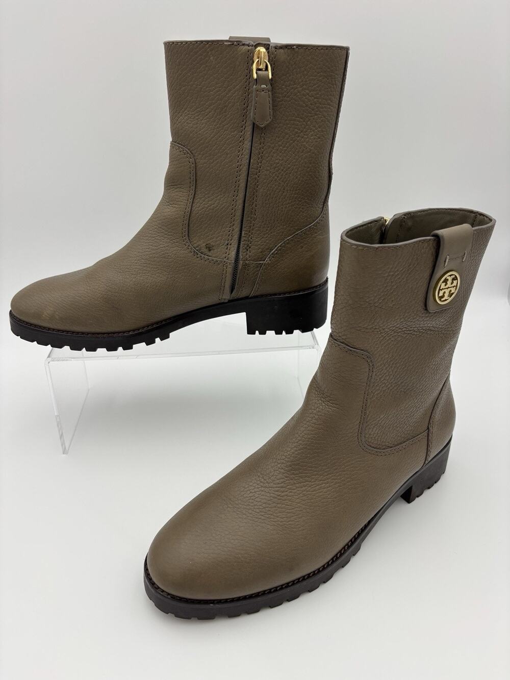 Tory Burch Oakridge Logo Ankle Boots Porcini Taupe Greige Size 8.5
